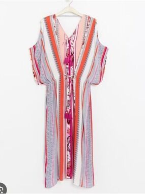 LINDEX | Lång kaftan long off-white viscoze dress colorful stripes Sz OS